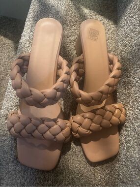 Braided Strap Nude Heeled Sandals — Women